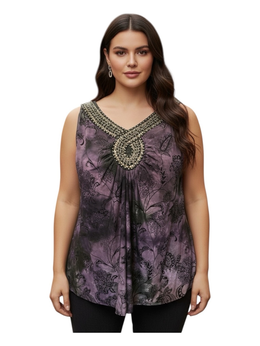 Fashion Bug Plus Size XXL Purple and Black Beaded V-Neck Floral Camisole Stretch